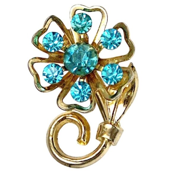 Coro Blue Rhinestone Flower Brooch Mid-Century Gold Tone Costume Jewelry - Picture 1 of 4